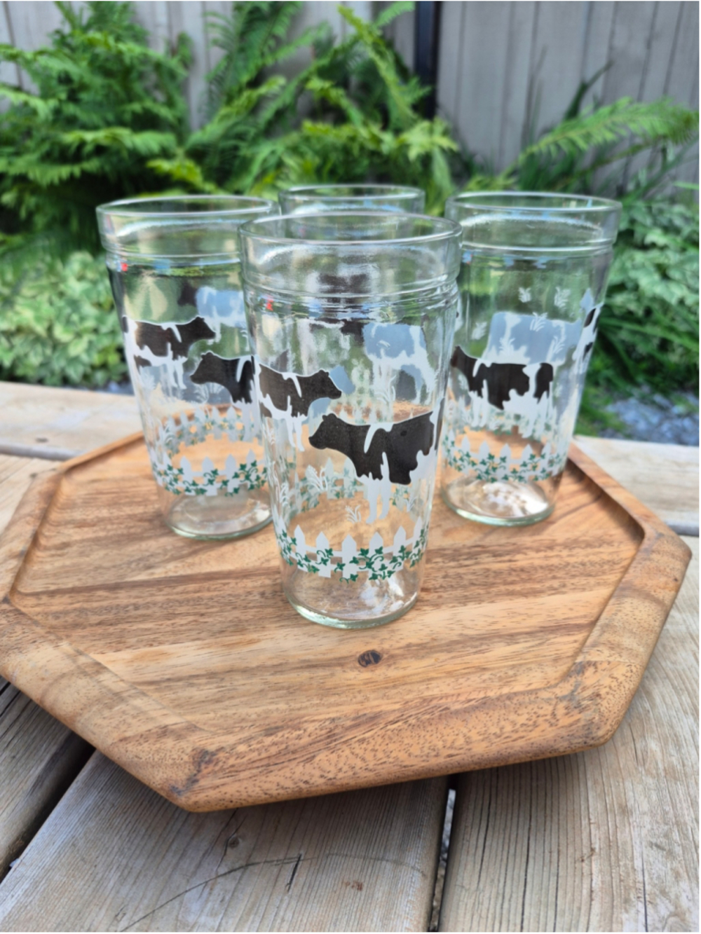 Vintage Anchor Hocking Cow Glasses Set of 4 | Holstein Farmhouse Tumblers Mint C